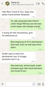 screenshot percakapan WhatsApp atau diagram alur pesan tiket travel di Rara Travel & Tour