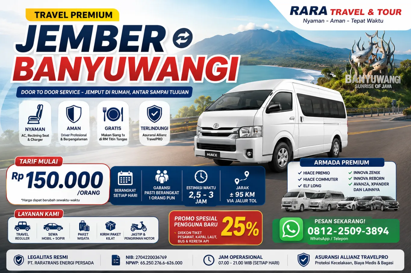 Travel Jember Banyuwangi Terpercaya 2026 | Door to Door, Harga Terbaru, Armada Premium 1 Travel Jember Banyuwangi Terpercaya, Nyaman & Door to Door Bersama Rara Travel