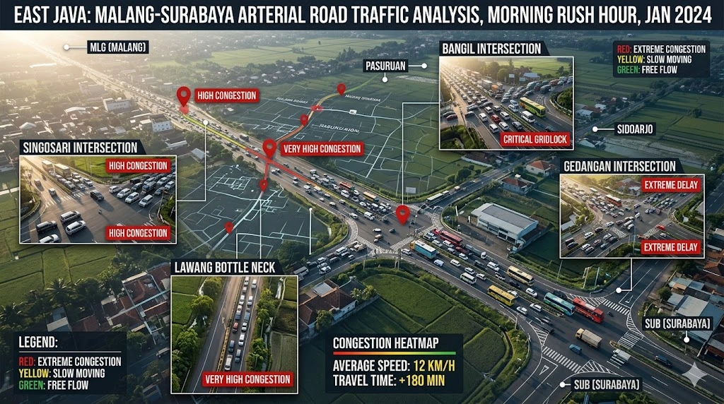Peta Titik Rawan Macet Jalur Arteri Malang Surabaya dan Estimasi Waktu Tersita